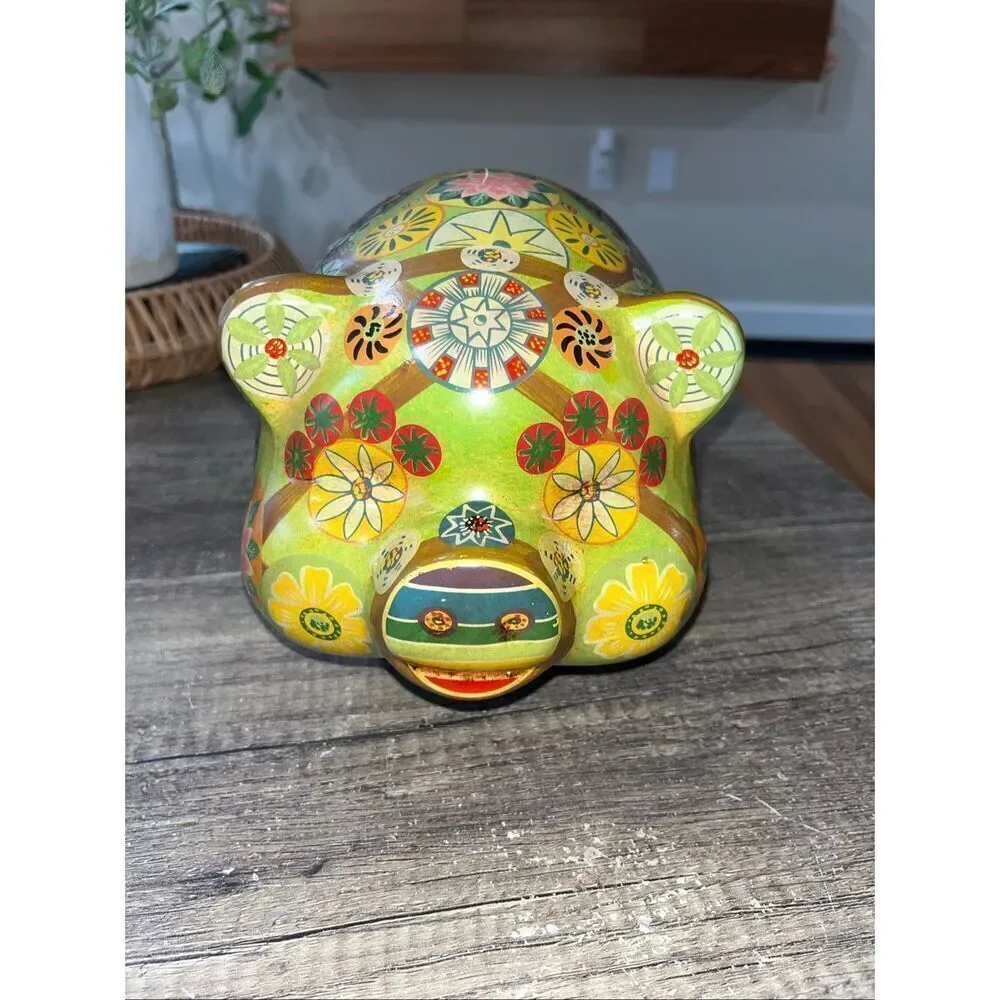 Vintage Folk Art Ceramic Mexican Pottery Piggy Bank Painted Old Retro Flowers 60